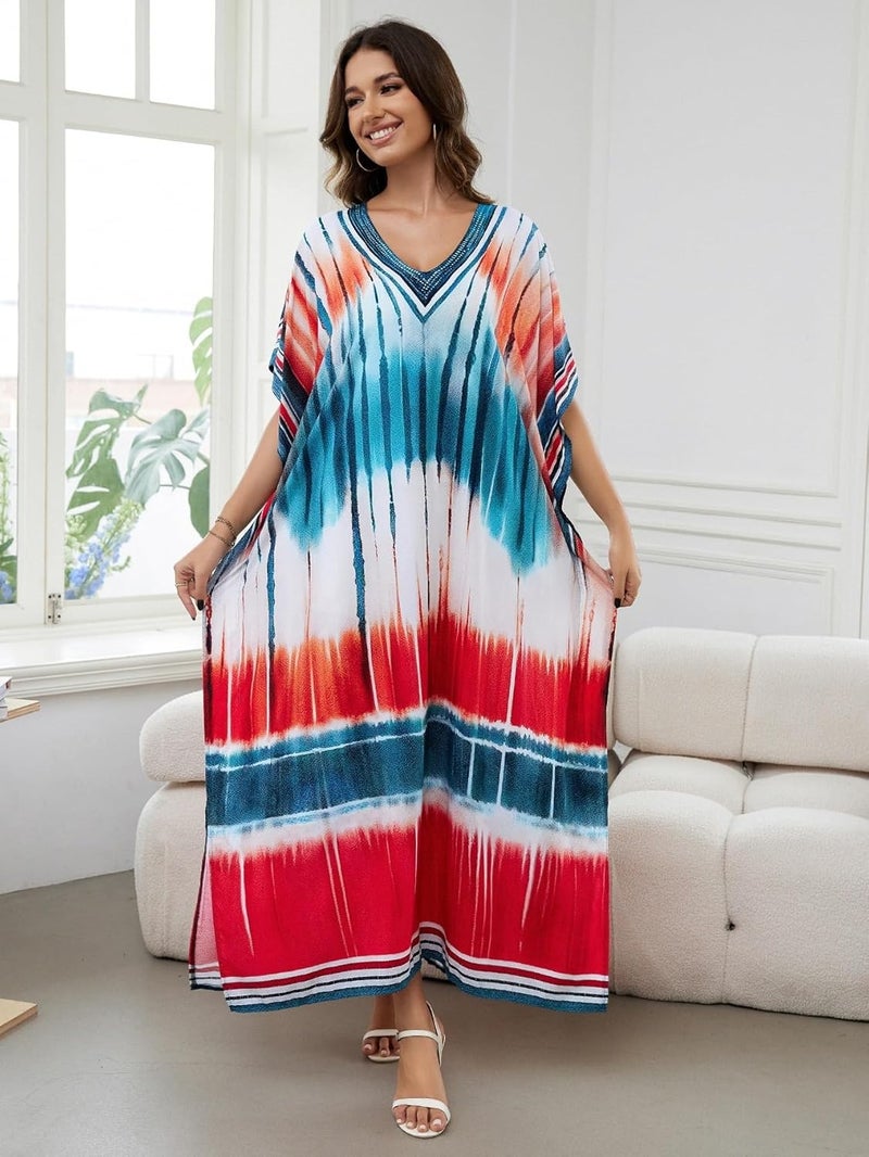 IMAGEKOPE Women's Plus Size Loose Fit Moroccan Print V-Neck Batwing Kaftan Beach Dress Bathing Suit Cover Up - Image 1